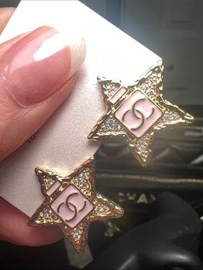 Inspired Gold Star Earrings with Pink Enamel Logo